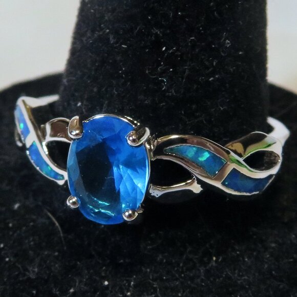 Silver Ring Size 10 Blue Lab Fire Opal Inlay 8mm * 6mm Blue Topaz New Old Stock - Picture 3 of 10